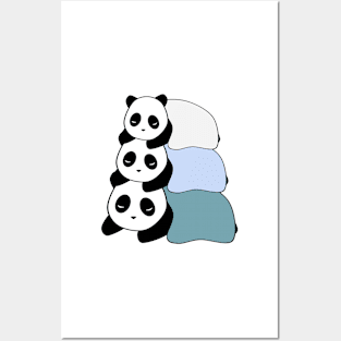 Sleepy Panda Stack (Blue, White Background) Posters and Art